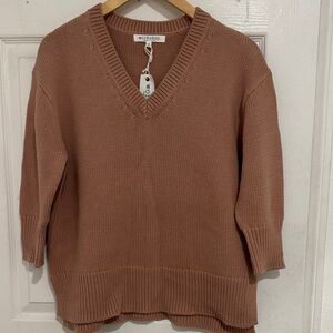 Workshop Republic Clothing Tan V-Neck 3/4 Sleeves Sweater Brand New